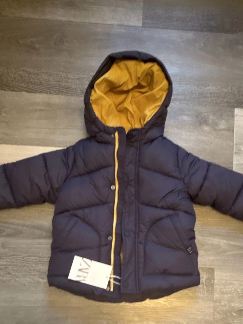 Zara Navy Puffer Jacket with Mustard Hood Lining